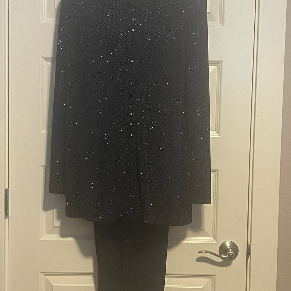 Holliday wear!  Two piece tunic and satin pants. Midnight blue.
